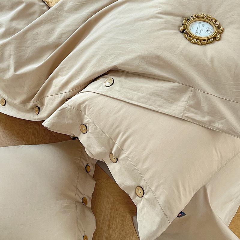 Retro Japanese Style Washable Cotton Bedding Set - Plain Stripe, Button Design, 3-Piece