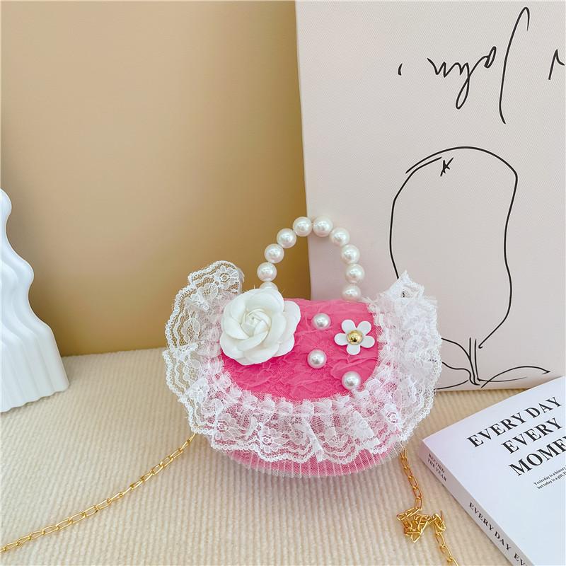 2025 new girls pearl handbag cartoon cute bow princess shoulder bag lace small satchel