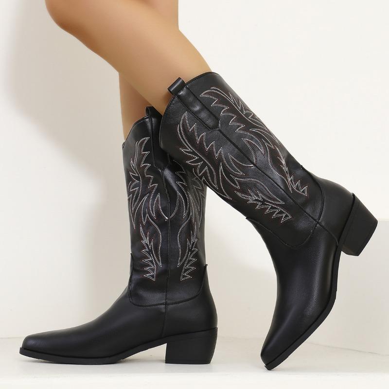Women's Mid-calf Boots High Quality Casual Leather Boot Pointed Embroidered Western Cowboy Boots for Women Vintage Knight Boots