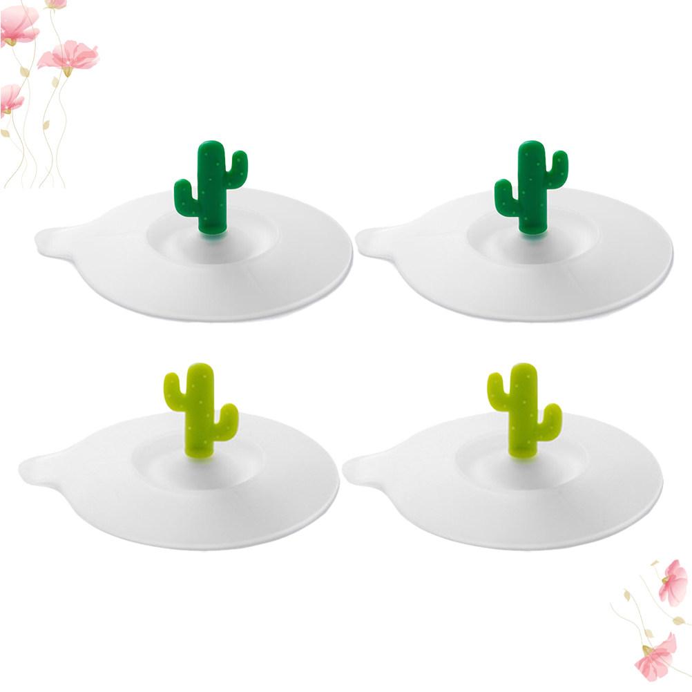 4Pcs Cartoon Cactus Silicone Cup Lids Leak-Proof Dustproof Round Airtight Suction Sealed Covers Grass Green Fluorescent Green