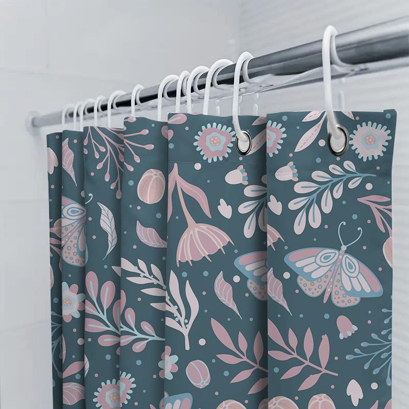 Delightful Floral Butterfly Shower Curtain Pink Blue Watercolor Pattern For Bathroom Decor Waterproof Fabric, Size 72X78 Inches