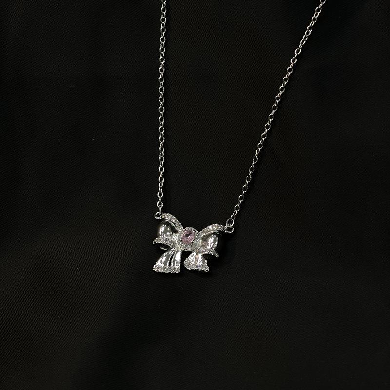 Sweet Princess Style Silver Asymmetrical Bow Necklace Slightly Inlaid Pink Treasure Sweet Premium Clavicle Chain Female