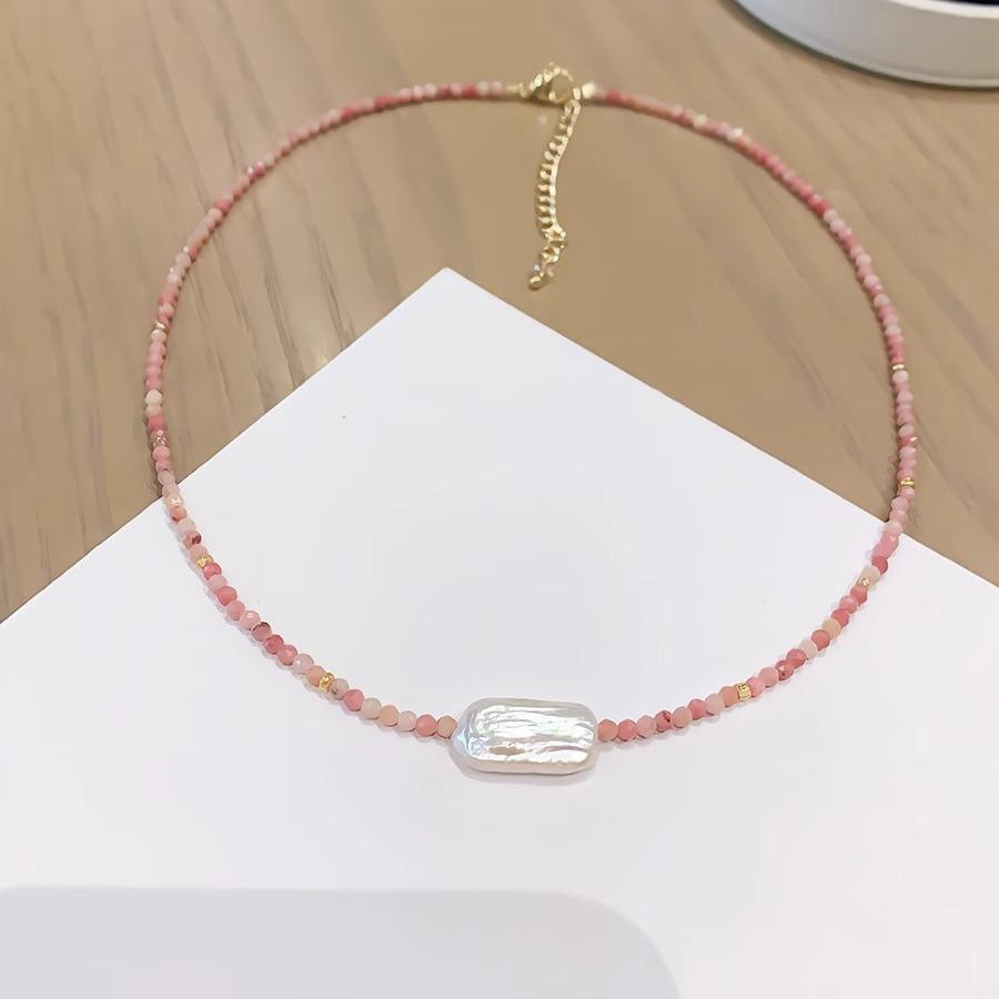 

Baroque Freshwater Pearl & Pink Rhodonite Beaded Necklace with Tiger s Eye for Women