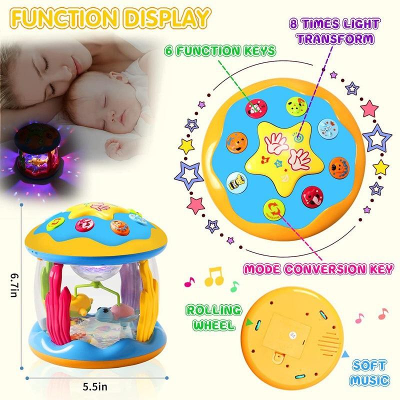 Non-Toxic Random 1Pc Kids Hand Drum Lighting Music Multi-Functional Music Projection Infant Toy Baby Ocean Rotation Soothing Pat Drum Toy