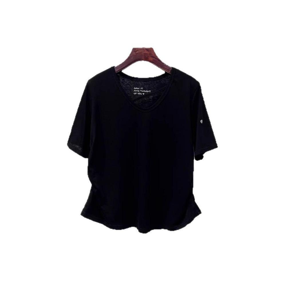 European Plus Size U-Neck Ruched Short-Sleeve Cotton T-Shirt for Summer 2025