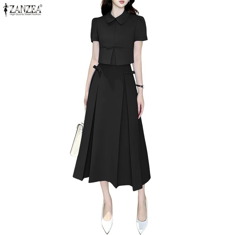ZANZEA Women Short Sleeve Blouse and Midi Skirts Casual Two Piece Suit Sets
