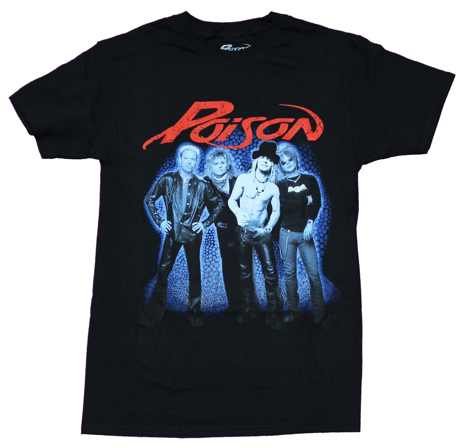 Poison Band Mens T-Shirt - Group Blue Tinted Photo Under Red Logo L