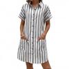 Women's Striped Shirt Dress Short Sleeve Button Front Casual Loose Fit Dress With Pockets
