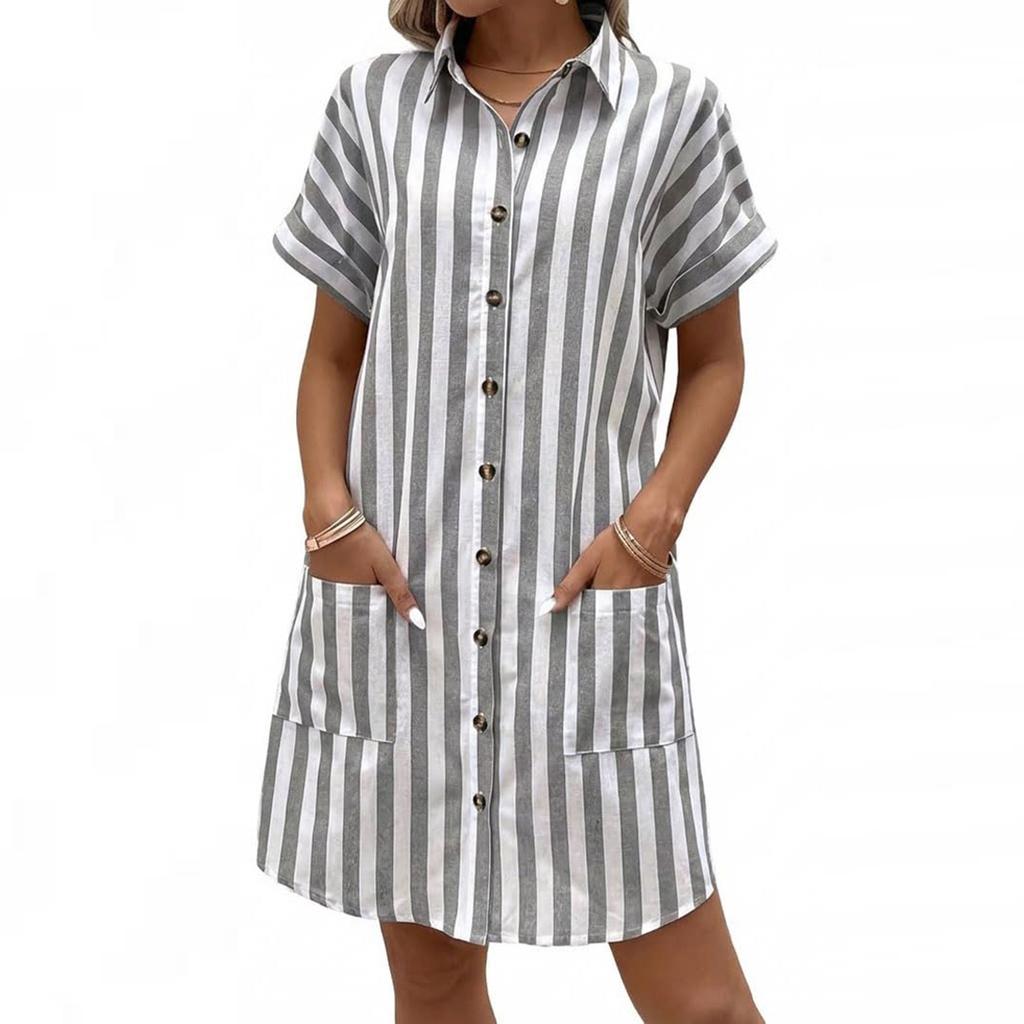 Women's Striped Shirt Dress Short Sleeve Button Front Casual Loose Fit Dress With Pockets