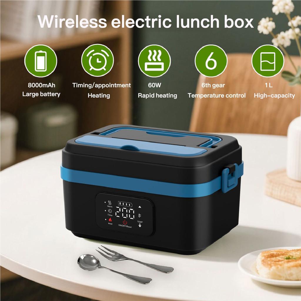 Cordless Electric Lunch Box,8000mAh Self-heating Food Warmer with Power Bank & Smart Timer, 60W Fast Heating Leak-proof Heated Lunch Box
