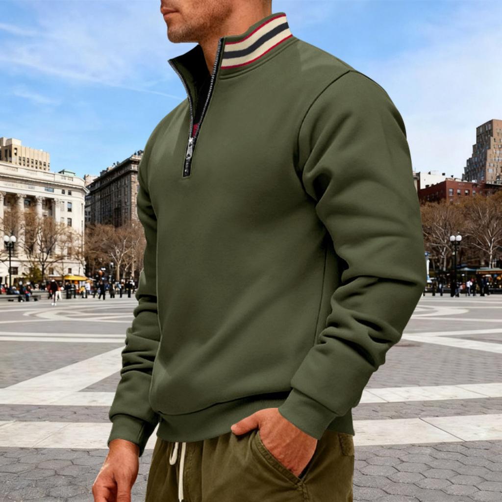 Men's Solid-color Casual Fleece Hoodie, Men's Loose Stand-up Collar Semi-zipper Casual Sport Pullover Hoodie