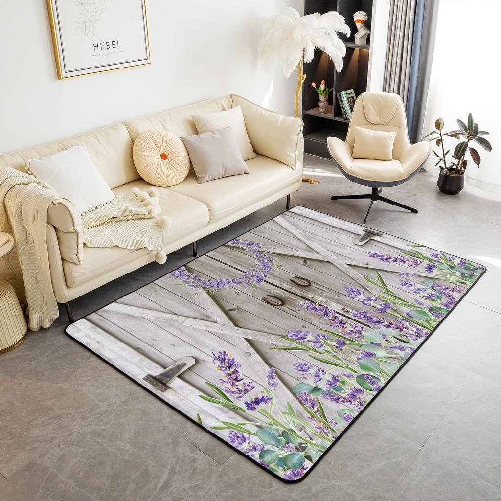 Purple Flowers Rug Watercolor Lavender Carpet Romantic Floral Doormat for Girls Teen,Wild Country Style Garden Flower Floor Mat