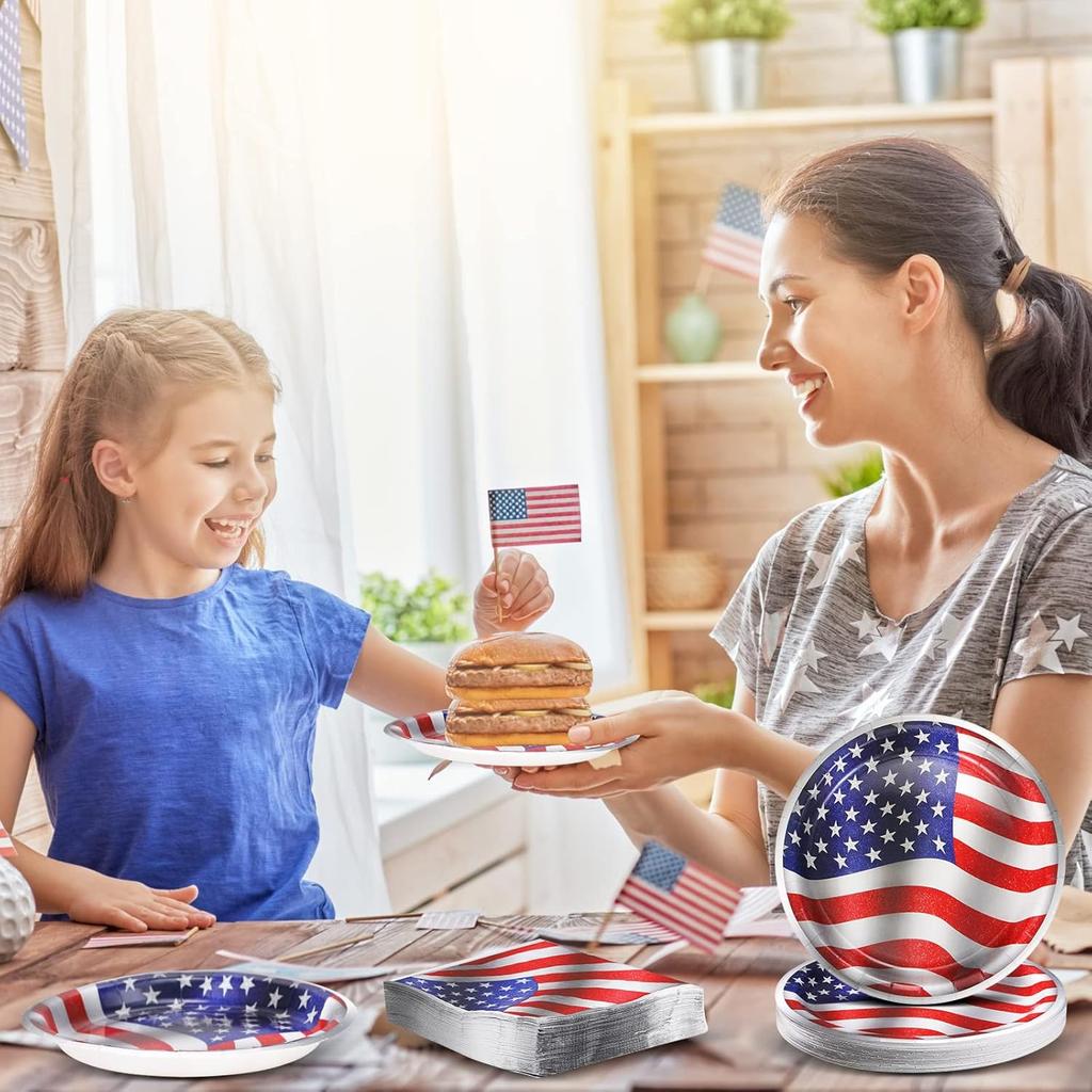 Mumufy 100 Pcs American Flag Patriotic Plates and Napkins 4th of July Party Supplies July 4th Disposable Paper Plates Napkins for Veterans Day