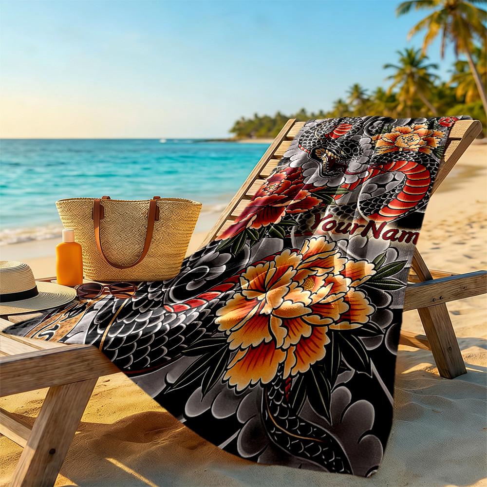 Tattoo Style Customizable Name Beach Towel High Absorbency & Quick-Dry Perfect for Traveling Yoga Camping and Swimming