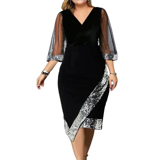 Summer Women Dress Sequin See-through Mesh Three Quarter Sleeves Irregular Hem Contrast Color Slim Fit V Neck Knee Length Commute Party Prom