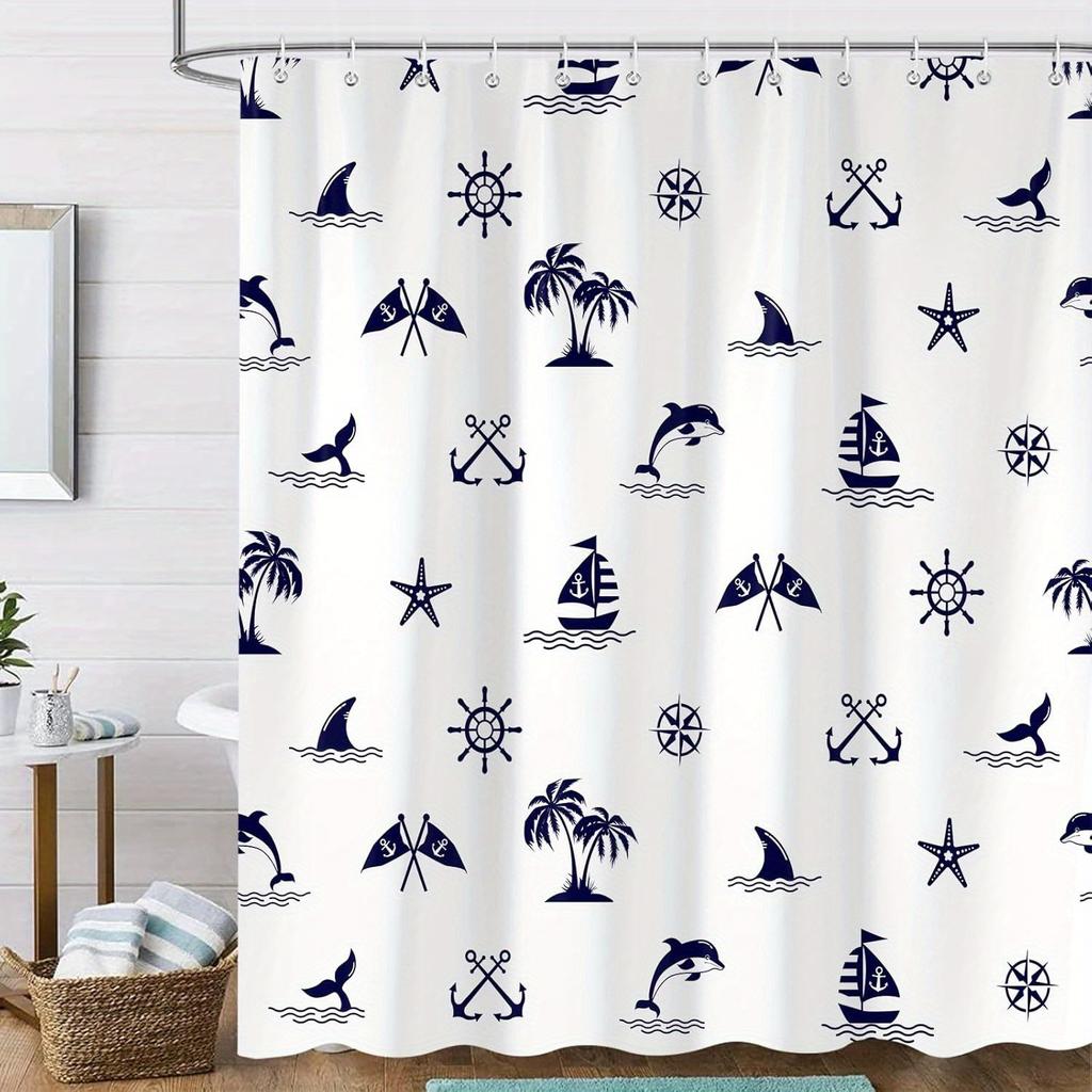 1pc Navy Blue Nautical Shower Curtain for Bathroom, Ocean Beach Sailboat Anchor Shower Curtains Decor