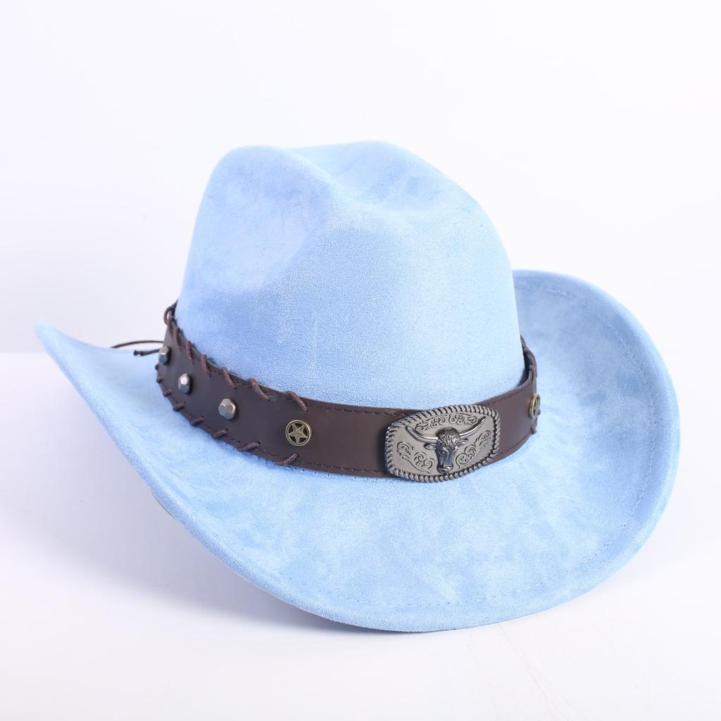 New western cowboy hat men's and women's wide-brimmed top hat bull head rivet belt buckle sun hat