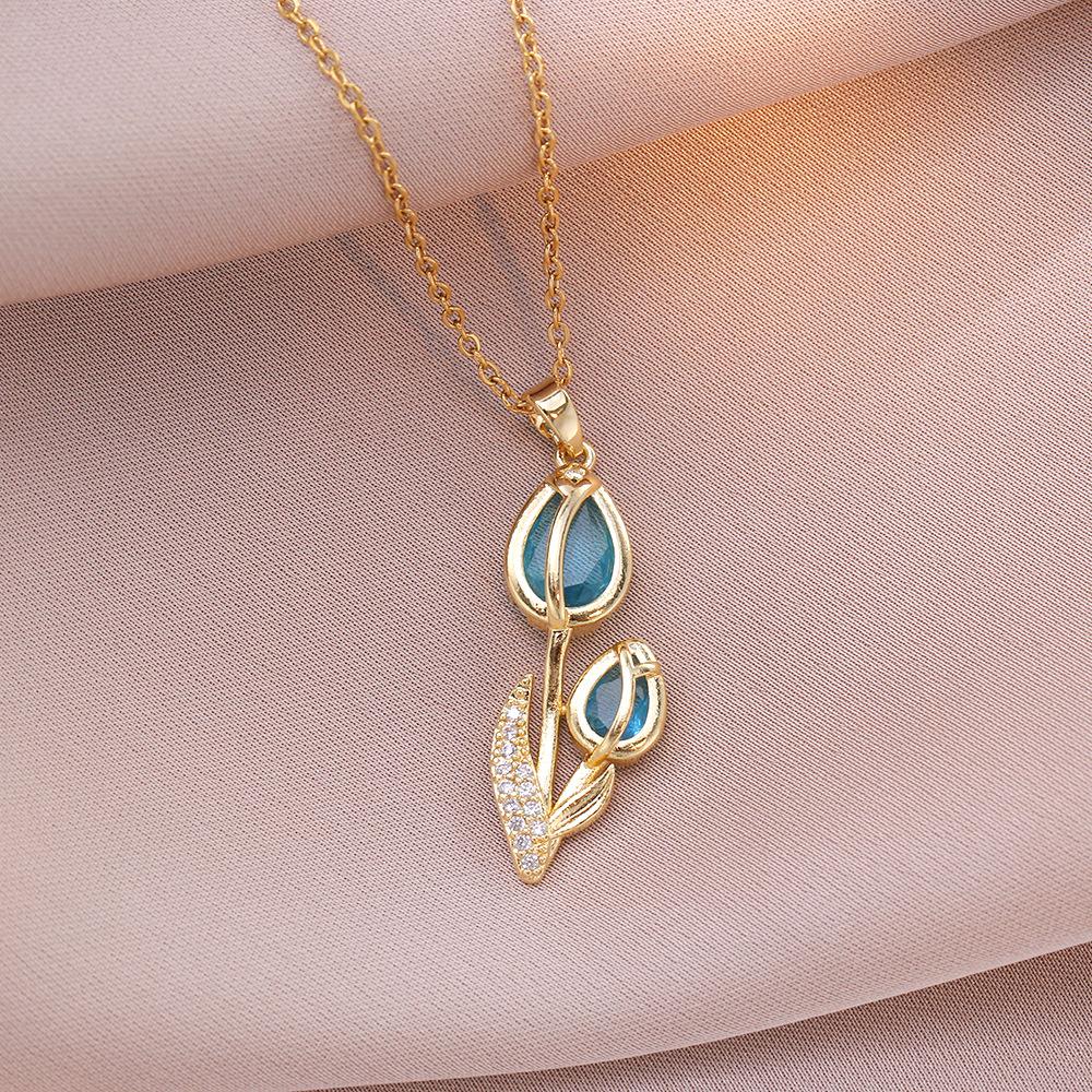 Elegant Enamel Tulip Flower Pendant Necklace for Women Girl Green Leaf Necklace Choker Party Jewelry Gift
