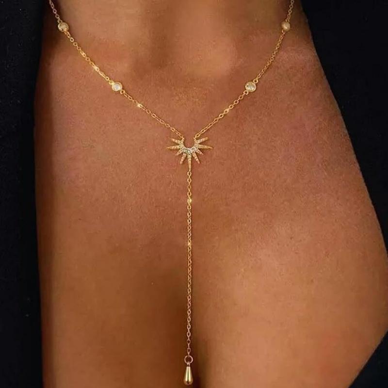 Fashion Gold Color Y-Shaped Long Tassel Necklace For Women Luxury Sun Zircon Water Drop Pendant Necklaces Jewelry Party Gifts