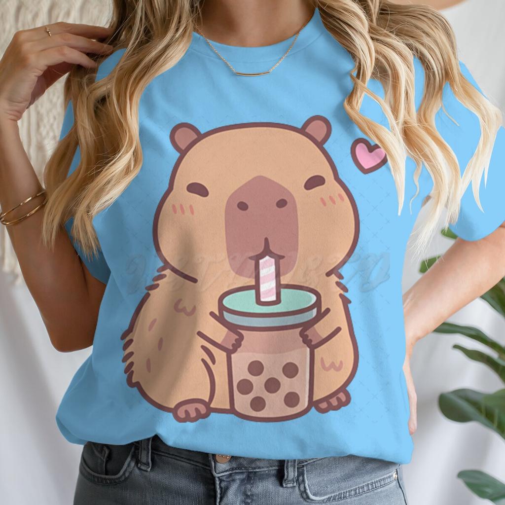 Tie Dye Animal Graphic Lover Gift Shirt Tee Capybara Kawaii Cartoon T-shirts Crew Neck Casual Summer Drink Tops