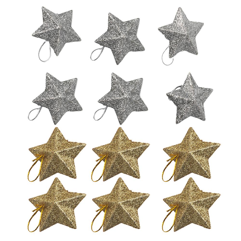 Sparkling Golden Star Xmas Tree Ornaments Set of 6 Hanging Decorations