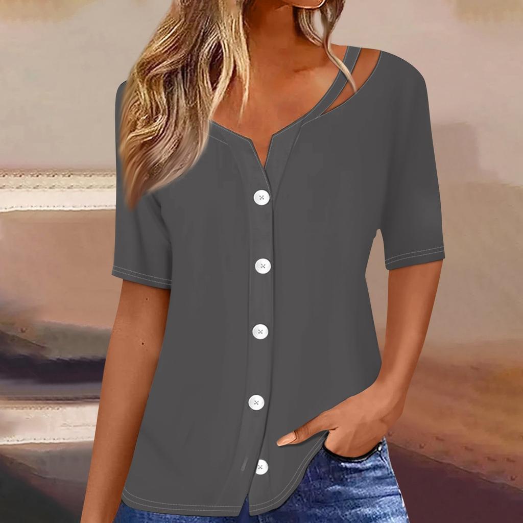 Damen T-Shirt mit Aufdruck, kurzärmelig, V-Ausschnitt, Knopfleiste, Strickjacke, T-Shirt, Top