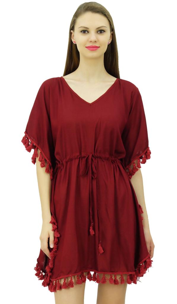 Bimba Women's V Neck Tassel Kaftan Short Rayon Caftan Designer Beachwear Coverup