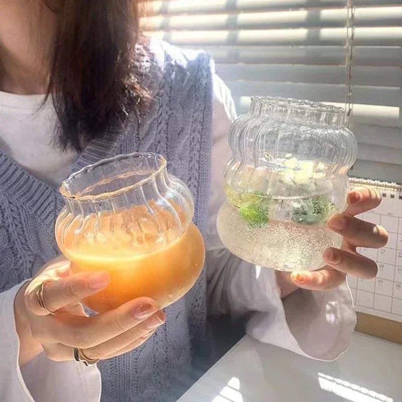 Ins Glass Cup Heat-resistant Tumbler Drinkware Transparent Tea Juice Milk Coffee Mug Home Water Glasses Stripe Mug 410/650/530ml