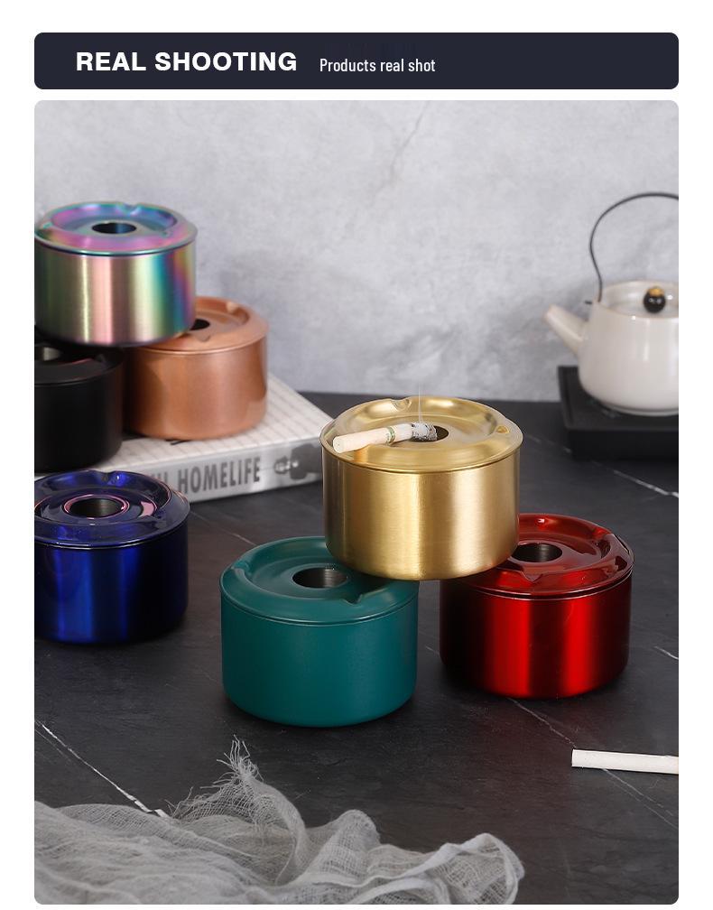 Lidded Stainless Steel Ashtray - Anti-Fly Ash Design for Home, Cafe, and Bar