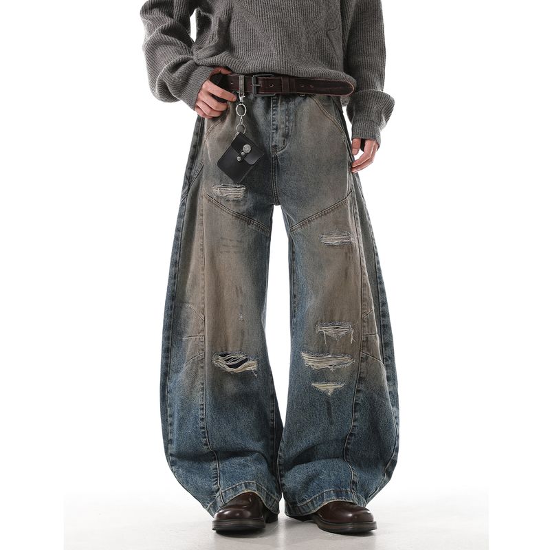 

Acrardic High Street Waste Soil Wind Yellow Mud Dyed Ripped Machete Jeans Men s Niche Pleat Washed Wide-Leg Pants Yellow Mud Color 2XL