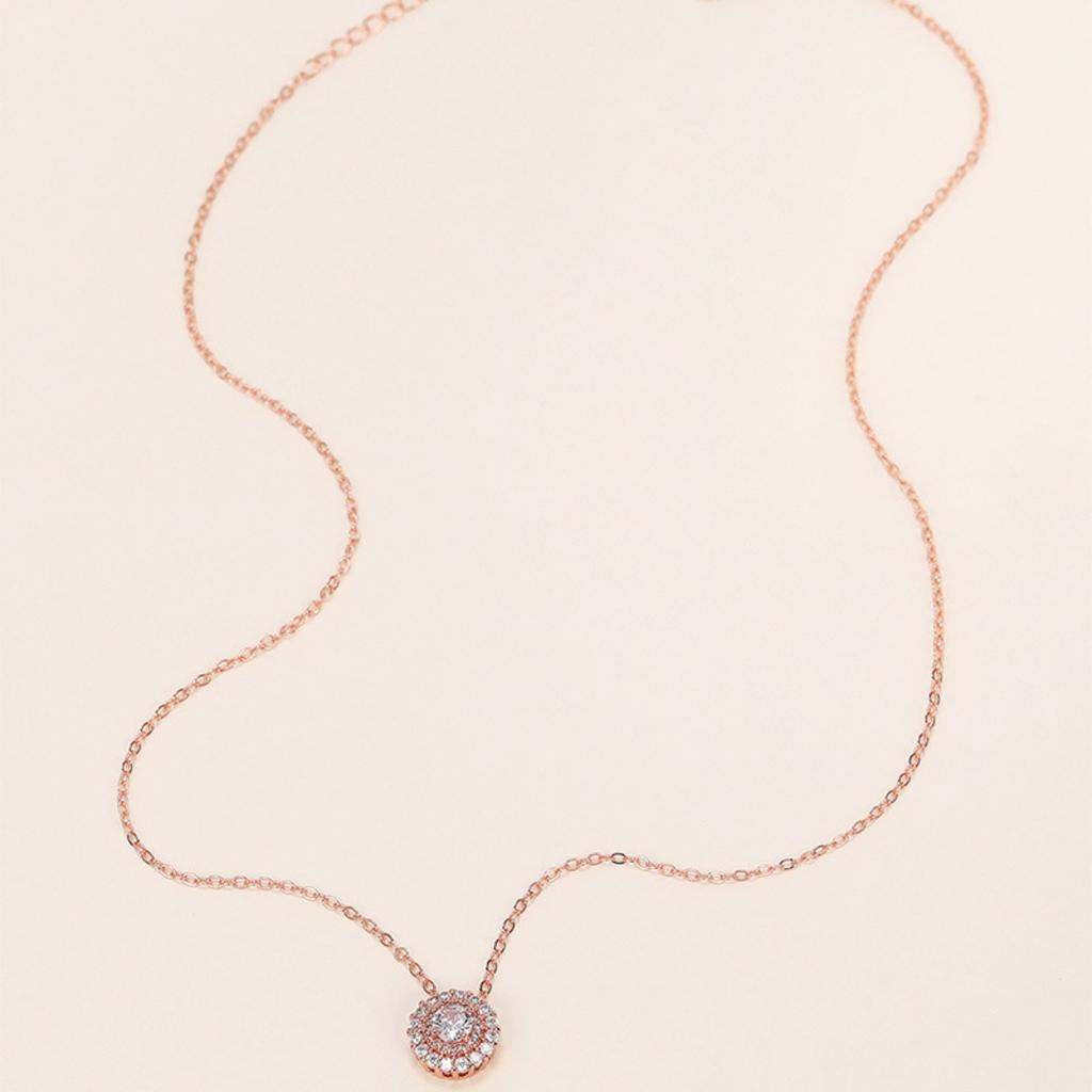 Double Layer Round Halo Prong Set Pendant Women Rose Tone Cable Link Clavicle Necklace