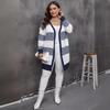 Women's Cardigan Autumn and Winter European and American Large-size Women's Clothing Contrasting Colors Striped Splicing Woven Casual Sweater Jacket 