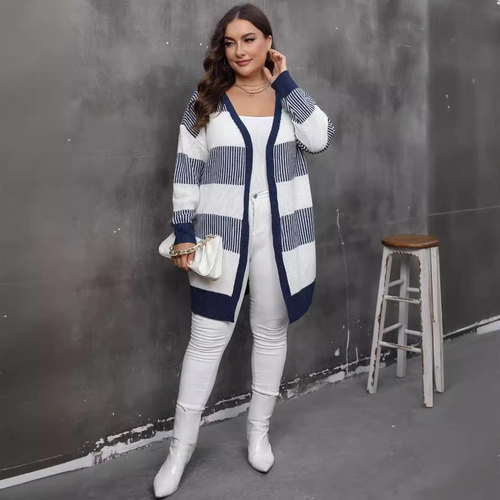 Women's Cardigan Autumn and Winter European and American Large-size Women's Clothing Contrasting Colors Striped Splicing Woven Casual Sweater Jacket