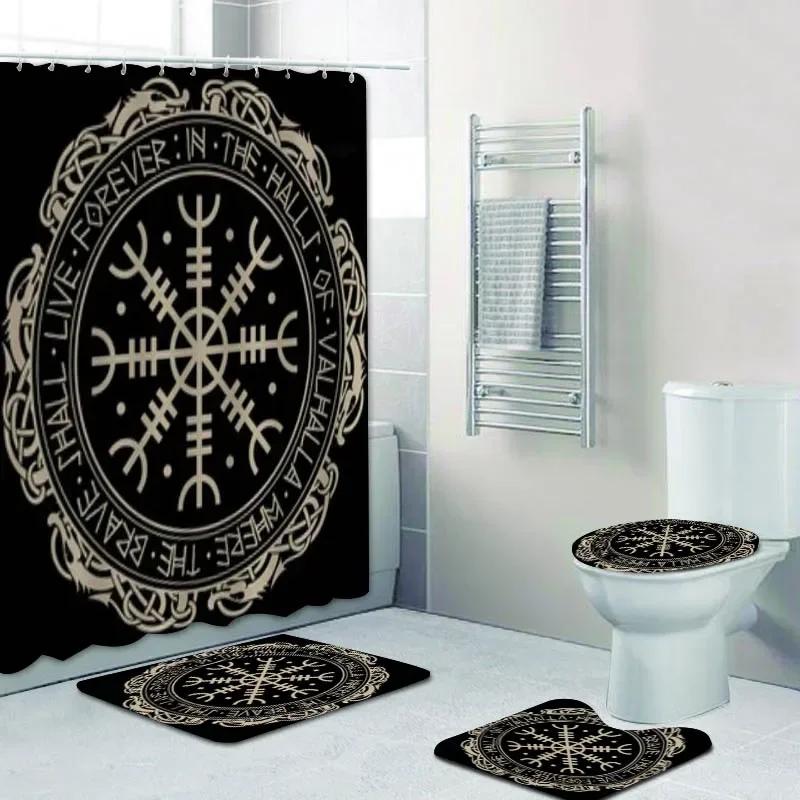 

Bathroom Set Nordic Viking Helm Of Awe Icelandic Magical Staves Scandinavian Shower Curtain Vegvisir Mats Rugs Bath Decor W60H190(CM)-1 Pcs