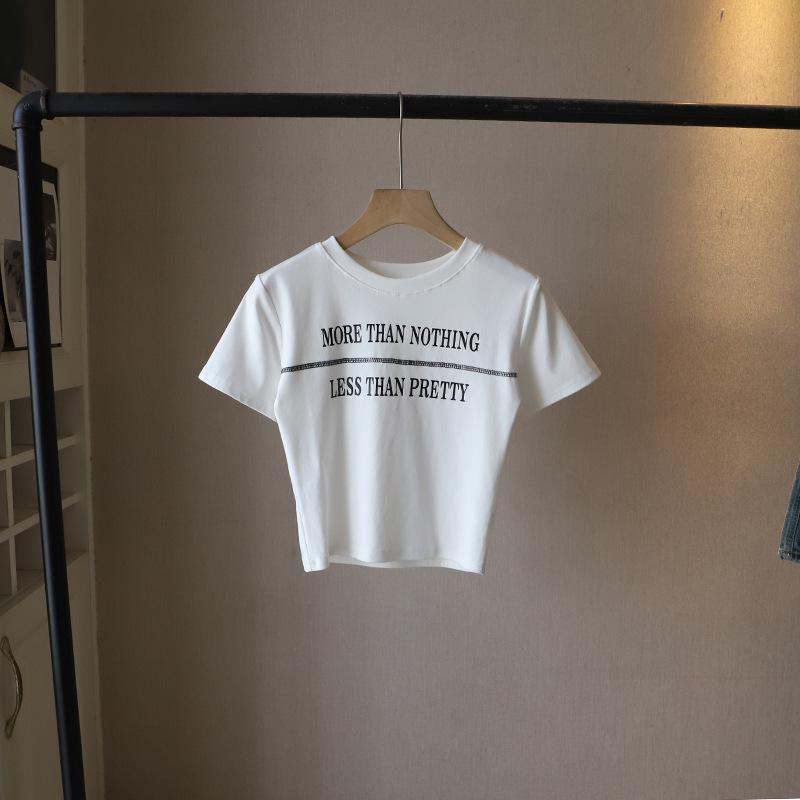 

Би Чжэн 2025 Женская футболка в корейском стиле, приталенная, повседневная, с круглым вырезом, с короткими рукавами и надписью One Size