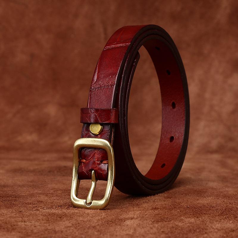 Fine Women's Belt Italian Retro Fashion All-Matching Decorative Genuine Cattlehide Leather Surface Pressure Crocodile Pattern Belt for Women