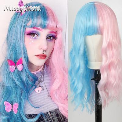 Parrucca sintetica lunga a onde del corpo, metà blu e metà rosa, per ragazze, con frangia, resistente al calore, per cosplay/Lolita.