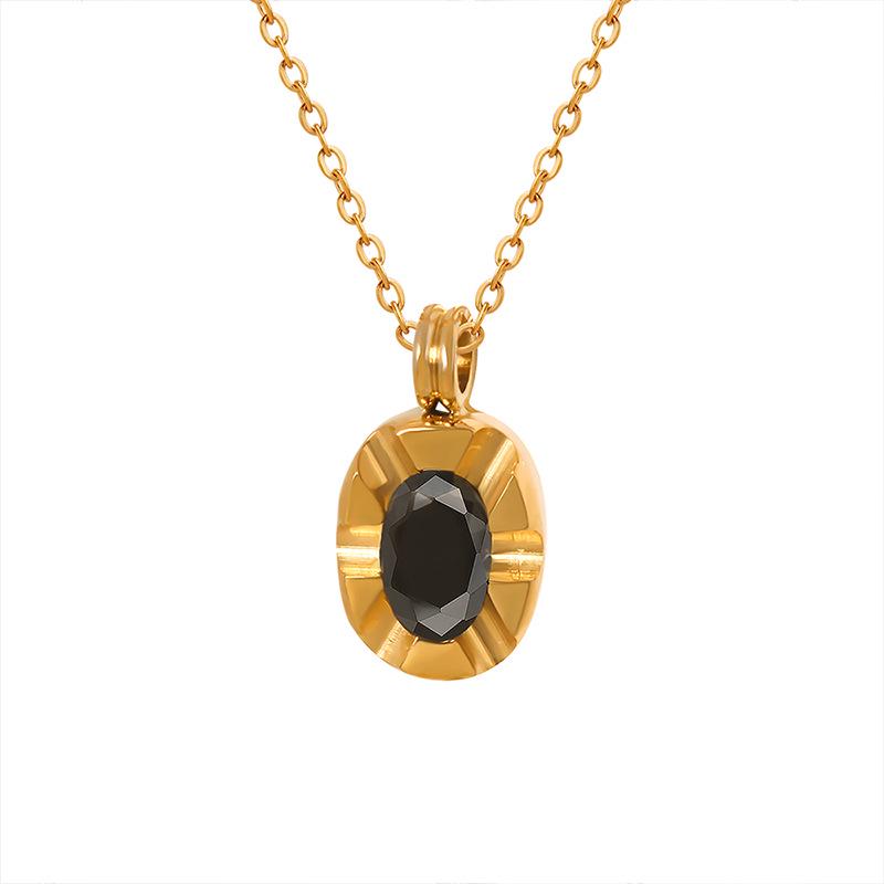 Elegant Black Zircon Oval Pendant Necklace - Gold-Plated Versatile Clavicle Chain for Women