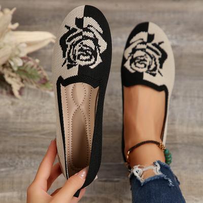 Scarpe Piatte Traspiranti da Donna a Maglia con Motivo a Rose Primavera/Autunno Scarpe a Punta Tonda da Donna Comode Slip-on Mocassini Casual