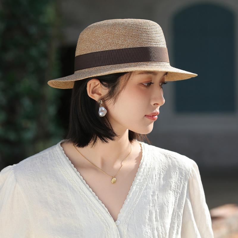 Summer hat women's seaside beach Lafite straw hat sunscreen sunshade woven flat top top hat big head circumference sun hat