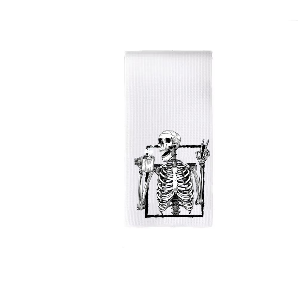 

Skeleton Halloween Waffle Tea Towel Coffee Addict Spooky Towel Halloween Goth Kitchen Table Decor Housewarming Hostess Gift 1pcs 30x70cm