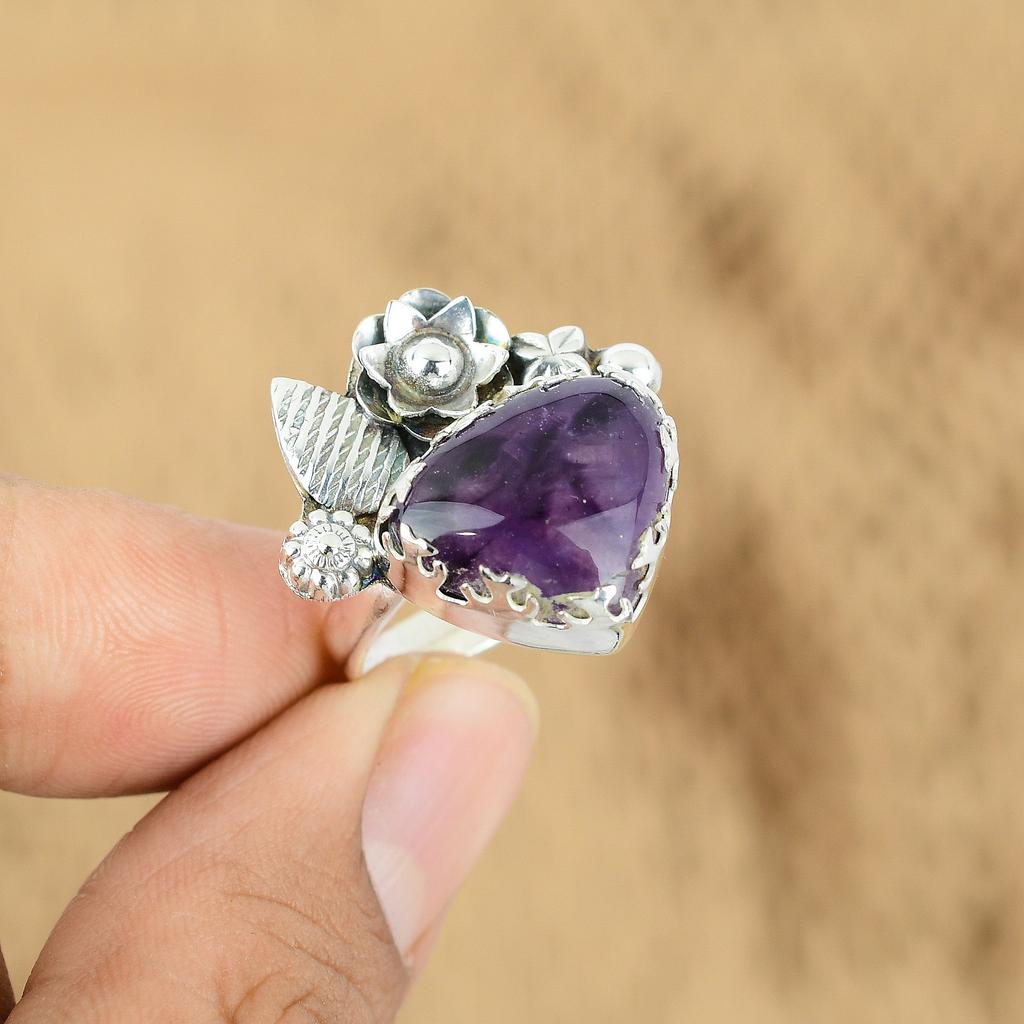 Trillion African Amethyst Gemstone Flower Anniversary Ring 925 Sterling Silver