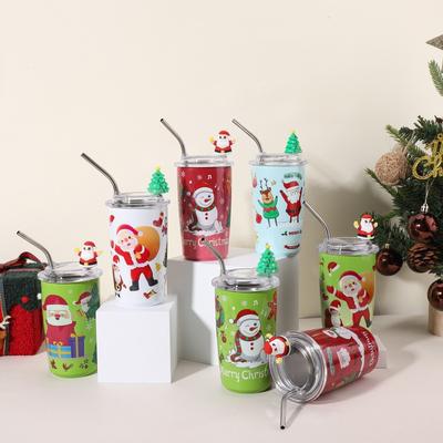 Christmas Series Straw Cup 16 Oz Metal 304 Stainless Steel Thermos Cup Shatterproof Large Capacity Cup Perfect Winter Gift