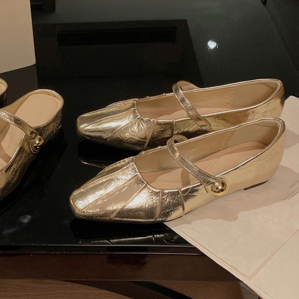 Sheepskin version~ genuine leather French gentle inner height increase silver light mouth single shoes women's one-word buckle Mary Jane shoes s