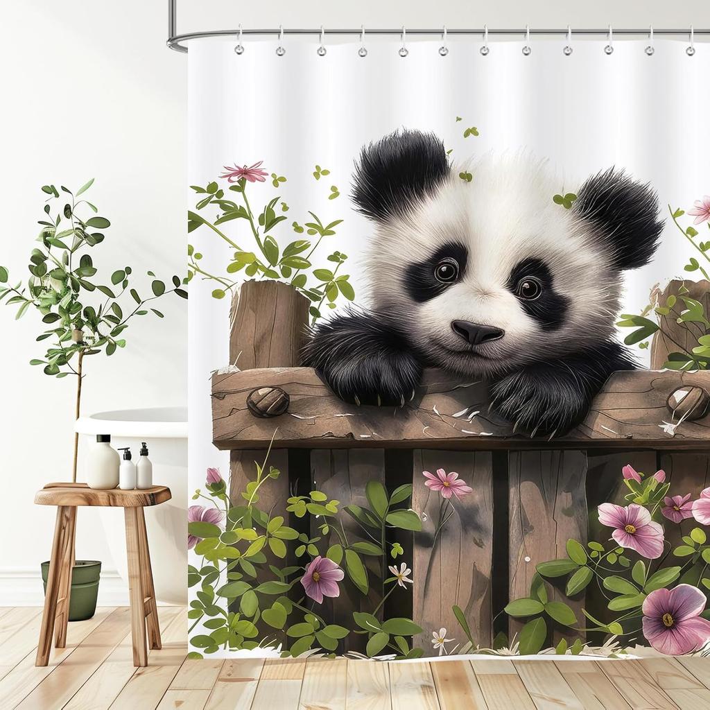 Cute Panda Shower Curtain,Funny Farmhouse Panda Chinese Animal Floral Leaves Waterproof Polyester Fabric Bathroom Curtain with