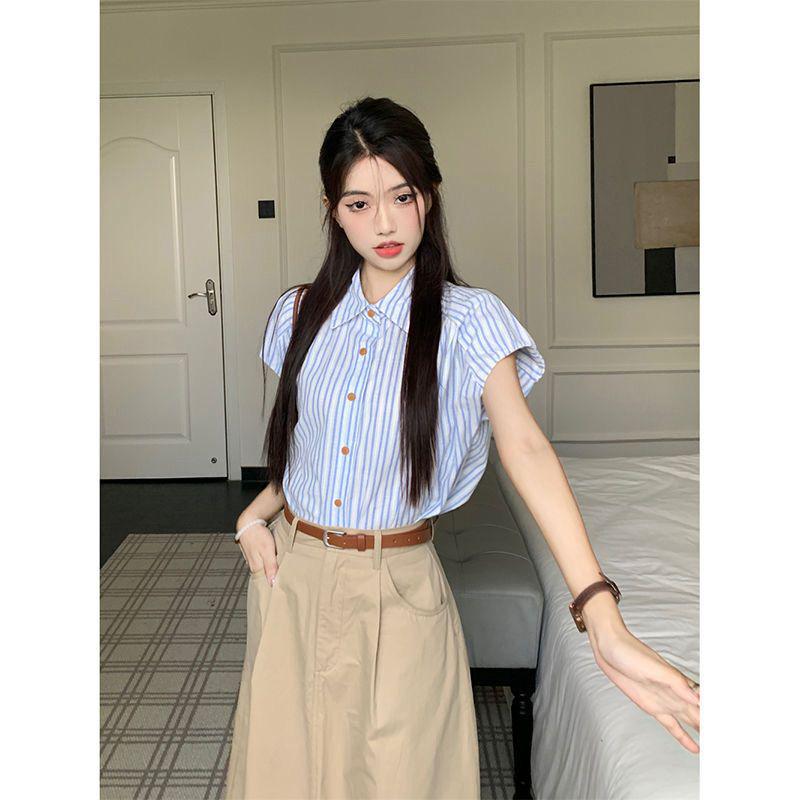 

Women s Striped Polo Collar Shirt & High-Waisted Slit Skirt Set - Summer 2026 Collection S