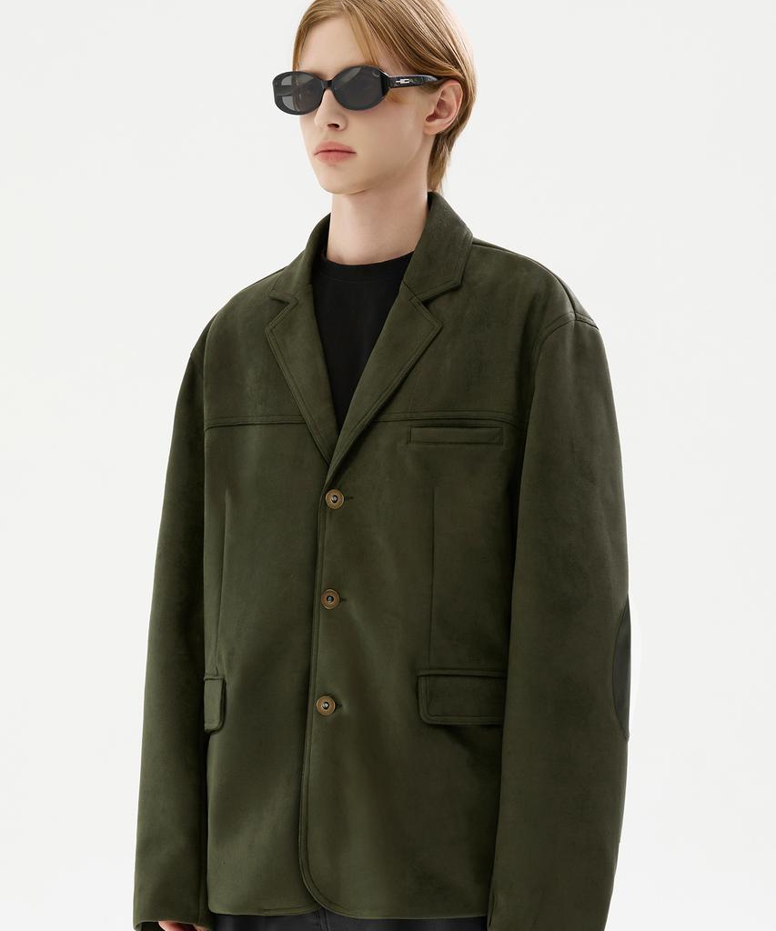 Trillion Suede Elbow Patch 3-Button Blazer Jacket [Khaki]