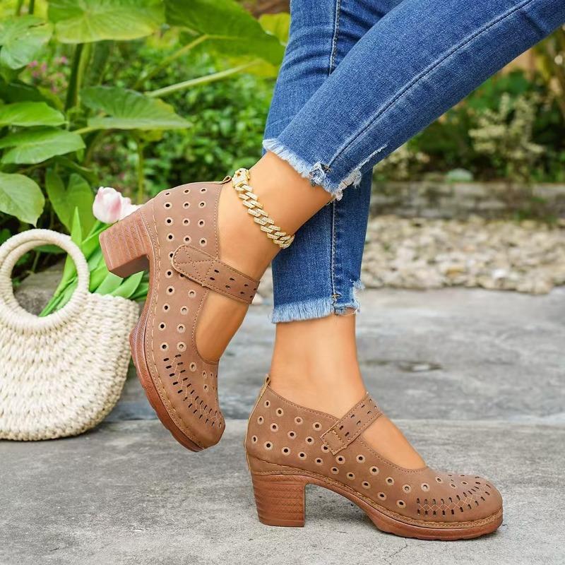 Sommer Neue Damen Blockabsatz-Sandalen, Übergröße Hohl atmungsaktives Rundzehen-Schuhwerk