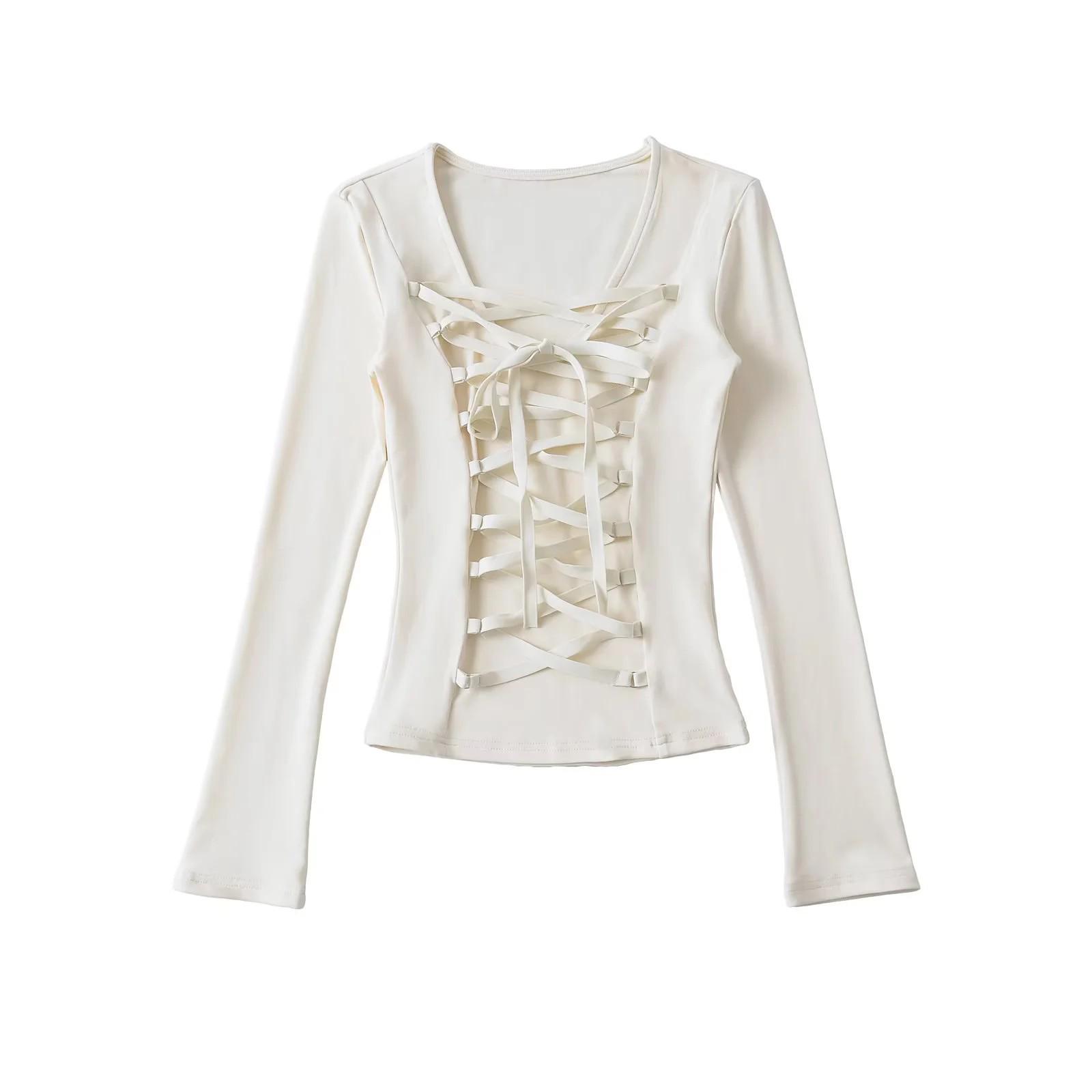 

Стильная женская рубашка с длинным рукавом, облегающего кроя, с перекрестной шнуровкой, 2025 Large кремовый/миндальный