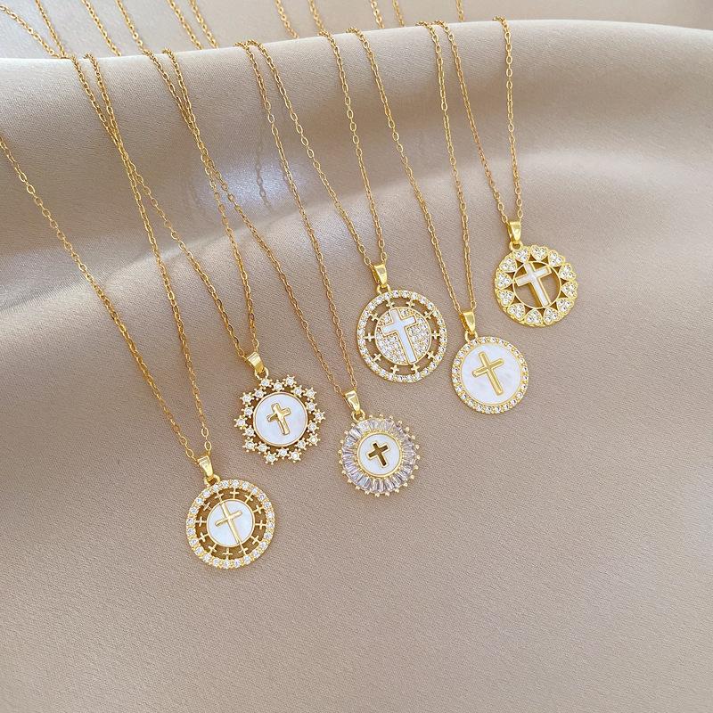 Copper Micro-Inlaid Cross Fashionable Light Luxury Temperament Gorgeous Full Diamond Necklace Female Versatile Collarbone Chain Titanium Steel